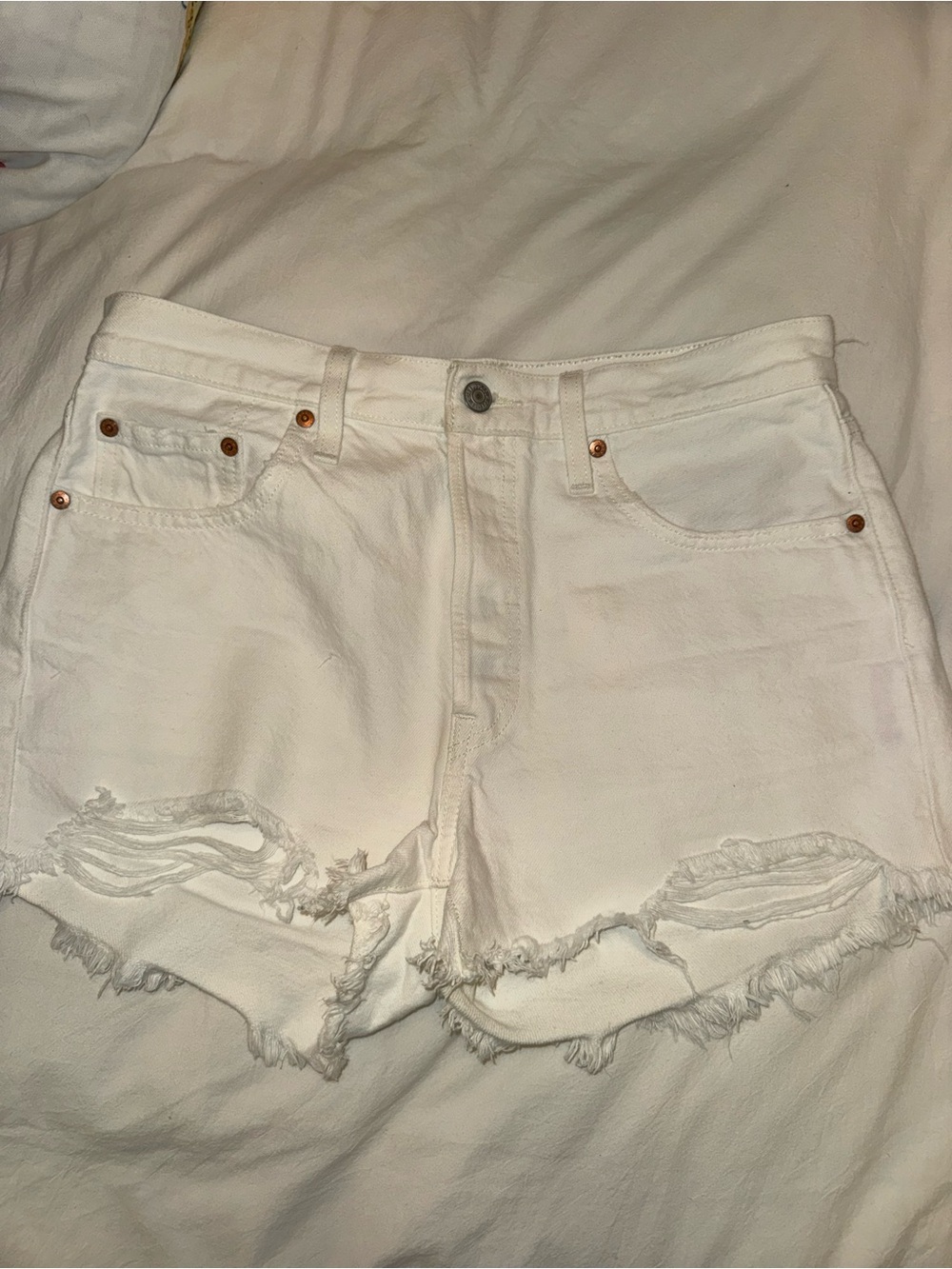 Levi's 501 White Distressed Cutoff Denim Shorts
